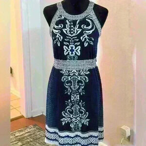 646 Main Blue & White Indian Print Sleeveless Midi Dress